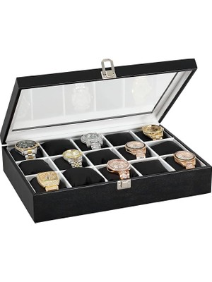 Leaf Shop 15 Li Siyah Deri Ahşap Üzeri Cam Saat Kutusu ST15-23