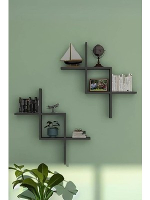 Leaf Shop Antrasit 2'li Dekoratif Duvar Rafı - Duvara Monte Kitaplık