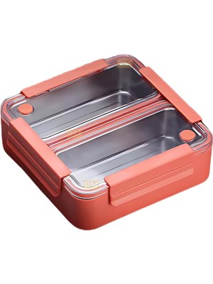 Misda Store Bento 1100ML Lunchbox Tek Katlı 2 Bölmeli Paslanmaz Çelik Sefer Tası Yemek Kutusu (Açık Kırmızı)