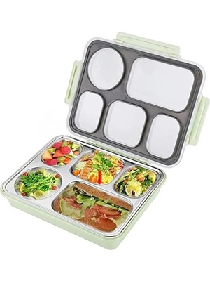 Misda Store Bento 1600ML Lunchbox Tek Katlı 5 Bölmeli Çelik Sefer Tası Yemek Kutusu (Açık Yeşil)