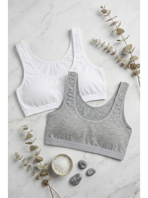 Underwear Bodyway 2'li Set Kalın Askılı Pamuklu Penye Büstiyer - Telsiz Balensiz Yarım Atlet Sporcu ve Uyku Sütyeni - Büyük Beden