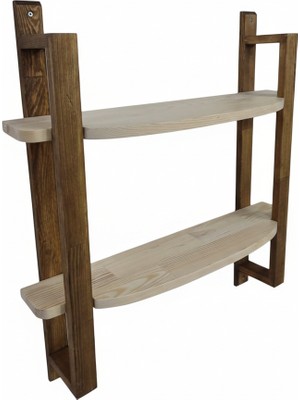 Iterra Masif Ahşap 2 Katlı Duvar Rafı - Ceviz & Çam Kontrastlı Kavisli Mutfak ve Banyo Rafı - 65X68 cm
