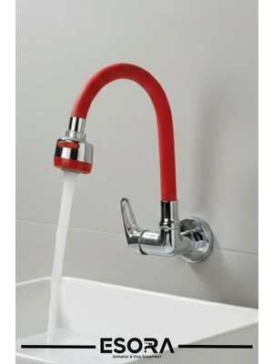 Esora Duvardan Tek Su Çıkışlı Kırmızı 2 Fonksiyonlu Spiral Oynar Borulu Lavabo Mutfak Bataryası