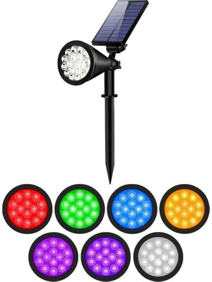 Misda Store 7 Renk Rgb 18 LED Spot Güneş Enerjili Bahçe Aydınlatması, Fotoselli, Aplik, 18W, Su Geçirmez Dış Mekan Solar Lamba, Duvar ve Zemin Montajı (Kırmızı, Yeşil, Mavi, Amber, Mor, Beyaz, Turkuaz)