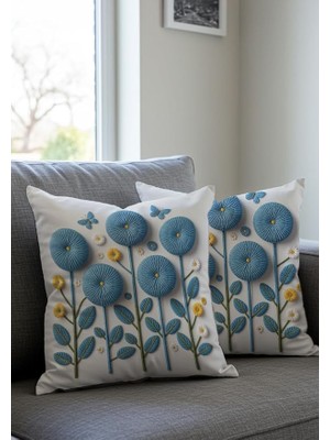 Misda Store Mavi Çiçek ve Kelebek Desenli Dekoratif Kırlent Kılıfı, 43X43 Cm, 2'li Set, Fermuarlı