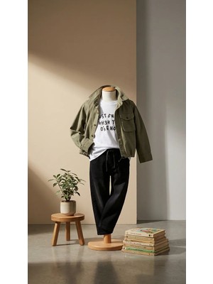 Mutlu Bebe %100 Pamuk Bayramlık Erkek Çocuk Kombin Set – Haki Ceket, Baskılı Tişört ve Pantolon 3’lü Şık Takım