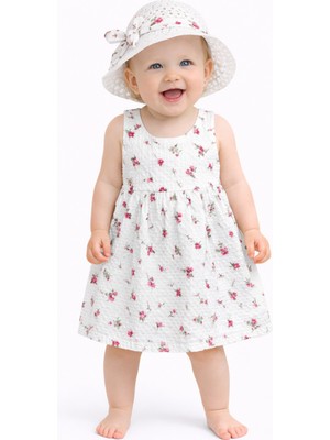 Chicsy Baby Tatlı Kız Bebek Çiçek Desenli Askılı Elbise ve Şapka Takımı Yazlık Pamuklu Bebek Elbisesi