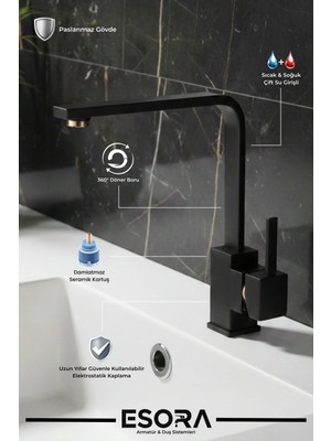 Esora Siyah Gold Kare Lavabo Bataryası - Lüks Paslanmaz Banyo Musluğu (Yerli Üretim)