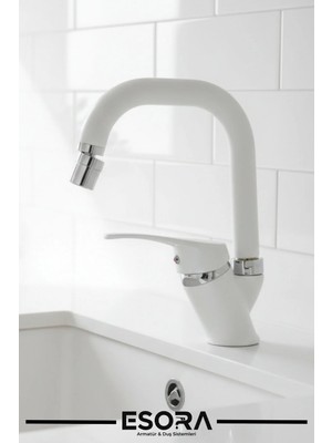 Esora Beyaz Krom Köşe Borulu Banyo Lavabo Bataryası Musluğu Çeşmesi Oynar Başlıklı Çift Su Girişli