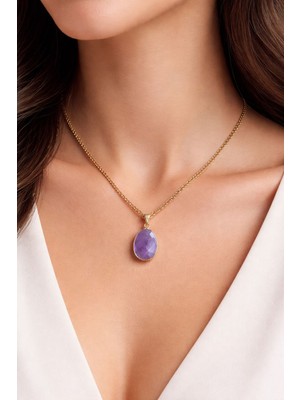 Efulim Doğaltaş Doğal Ametist Kolye, Mor Taşlı Altın Zincirli Minimal Kadın Kolye