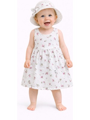 Chicsy Baby Tatlı Kız Bebek Çiçek Desenli Askılı Elbise ve Şapka Takımı Yazlık Pamuklu Bebek Elbisesi