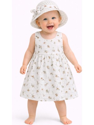 Chicsy Baby Tatlı Kız Bebek Çiçek Desenli Askılı Elbise ve Şapka Takımı Yazlık Pamuklu Bebek Elbisesi