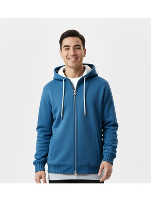 Madmext İçi Kürklü Indigo Hırka Uzun Kol Pamuklu Düz Desenli Çift Cepli Erkek 22377