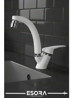 Esora Beyaz Krom Mix Banyo Lavabo Bataryası Musluğu Çeşmesi Oynar Başlıklı Çift Su Girişli