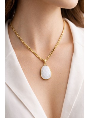 Efulim Doğaltaş Doğal Ay Taşı Kolye, Altın Kaplama Zincirli Minimal Beyaz Taş Kolye