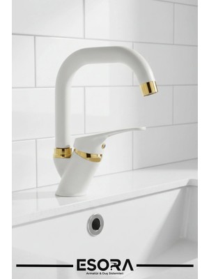Esora Beyaz Gold Banyo Lavabo Bataryası Çeşmesi Musluğu