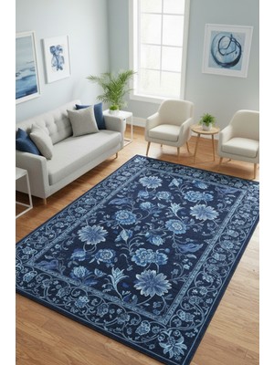 The Reef Design Lacivert Çiçek Desenli Klasik Vintage Halı Dijital Baskı Kaymaz Mavi Dekoratif Eskitme Salon Halısı