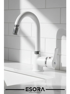 Esora Beyaz Krom Armut Oynar Başlıklı Lavabo Bataryası Çeşmesi