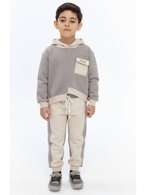Hype Erkek Çocuk Eşofman Takım Ekru - Gri 1-5 Yaş 7537 Cepli Kapüşonlu Rahat Tasarım