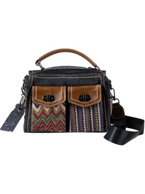 Guja C1017 Kadın Ekoseli Jean Kumaş Kol ve Omuz Çantası Siyah