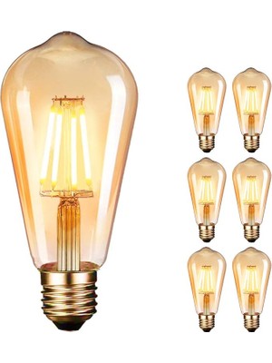 Misda Store Vintage LED Ampul E27 (4W/220V) 2600-2700 K Retro Antik, Kehribar Sıcak, 6'lı Paket