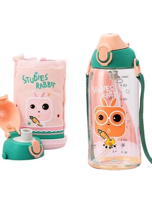 Misda Store Büyük Boy 700ML Kılıflı Askılı Pipetli/pipetsiz Iki Ayrı Kapaklı Tritan Çocuk Matarası (Studies Rabbit (Pudra Pembe-Yeşil))