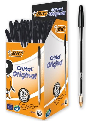 Leaf Shop Cristal Medium Tükenmez Kalem Siyah 50'li Kutu, 1.0 mm Orta Kalınlıkta Uç, Şeffaf Gövde, Delikli Kapak