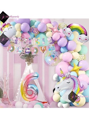Leaf Shop 6 Yaş Karakterli Unicorn Temalı Iyi Ki Doğdun Makaron Balon Doğum Günü Parti Kutlama Seti BMCNM347