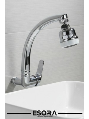 Esora Duvardan Tek Su Girişli Kuğu Borulu Musluk - 3 Fonksiyonlu Hareketli Başlıklı Lavabo Bataryası