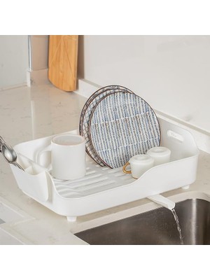 Leaf Shop AKL-060 Beyaz Lüks Tabaklık Bulaşıklık-Yönlendirilebilir Su Akıtma Kanallı Bulaşık Sepeti-Kaşıklıklı