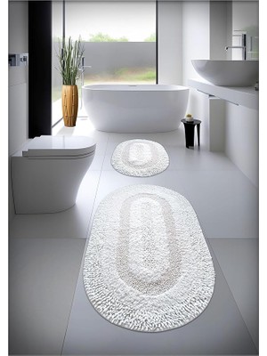 Leaf Shop Pamuk El Tafting Banyo Paspas Seti, Banyo Halısı Cottonway 2 Li Set 60X100-60X50 (Ekru)