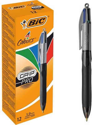 Leaf Shop 4 Colours Grip Pro Tükenmez Kalem 12'li Kutu, Kauçuk Tutacak, 1.0mm Uç, Tek Kalemde Mavi, Kırmızı, Yeşil ve Siyah Renkler