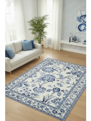 The Reef Design Krem Zemin Mavi Çiçekli Vintage Halı Floral Eskitme  Dekoratif Dijital Baskılı Kaymaz Salon Halısı