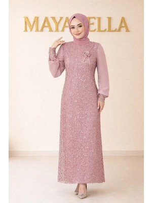 Maya Bella Şifon Pul Payetli Tesettür Abiye