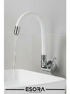 Esora Duvardan Tek Su Çıkışlı Beyaz Spiral Hareketli Borulu Mutfak Lavabo Bataryası Musluğu Çeşmesi