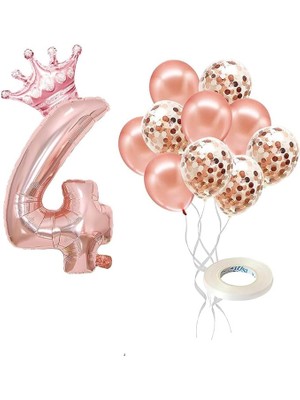 Misda Store Rakam Rose Gold Folyo Balon, Kral Tacı ve Konfetili Rose Gold Balon