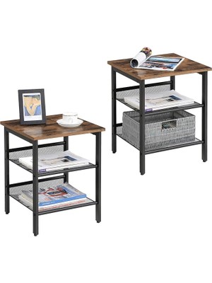Leaf Shop Komodin, 2'li Set, Ayarlanabilir File Raflı, Oturma Odası, Yatak Odası, Endüstriyel, Sağlam Çelik Çerçeve, Rustik Kahverengi + Siyah