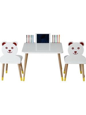 Leaf Shop Aktivite Oyun Masa Sandalye Takımı -Tablet -Telefon -Kalem Yeri Olup Yaz Sil Yüzey Özellikli-Ayıcıklı Sandalye 2li 1masa