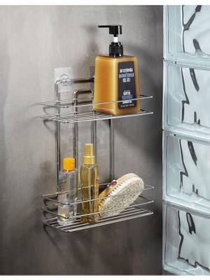 Misda Store Yapışkanlı 2 Katlı Banyo Şampuanlık Düzenleyici Delmeye Son Krom Tş-02