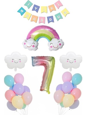 Leaf Shop Yaş Gökkuşağı Bulut Konsepti Doğum Günü Parti Kutlama Seti