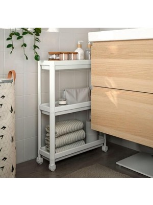 Leaf Shop Tekerlekli Dikdörtgen 3 Katlı Raf Ünitesi - Banyo Mutfak Düzenleyici Organizer Raf - Modern Shelf Unit (Beyaz)
