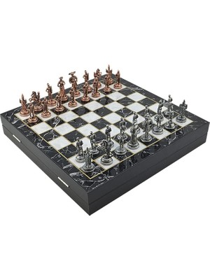 Leaf Shop Orta Boy Metal Ispanyol Satranç Takımı Antik ve Mermer Desenli Sandıklı Mdf Tahtası (36X36X6 Cm.)