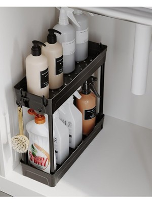 Leaf Shop Home Rafata Çok Amaçlı 2 Katlı Evye Altı Düzenleyicisi Askılı Banyo Düzenleyici Kaydırmaz Tabanlı