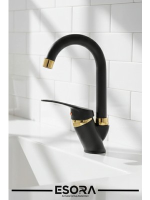 Esora Siyah Gold Lüx Banyo Lavabo Bataryası Çift Su Girişli