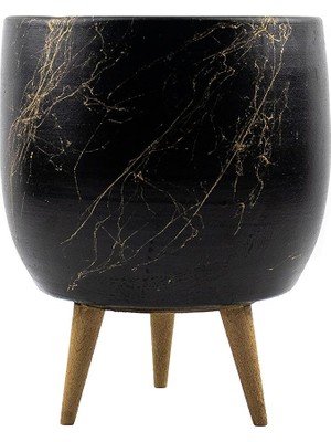 Leaf Shop Tasarımı Ev Dekorasyon Aksesuar Siyah Üzeri Gold Mermer Efektli Toprak Saksı Saksılık Salon Çiçeklik 3 Ayaklı - 19 cm