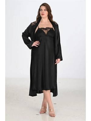 Çamaşır Kenti  Premium Büyük Beden Saten Dantel Işlemeli Siyah 2'li Gecelik Sabahlık Takımı Bigsize