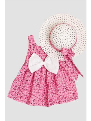 Chicsy Baby Şapkalı Çiçek Desenli Fiyonklu Kız Bebek Elbisesi