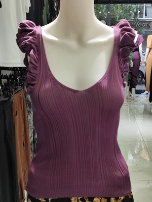 Aslami Tekstil Mor V Yaka Büzgülü Fırfırlı Kol Fitilli Kadın Bluz - Esnek Tek Beden S-M-L