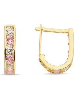 Zeya Kuyumculuk 14 Ayar Altın Pembe Beyaz Taşlı Çocuk Küpe