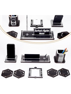 Misda Store Space+Gümüş Kalemlik Ahşap Masa Isimliği Seti Mermer Desen Hediye Ofis Organizer Masa Üstü Isimlik